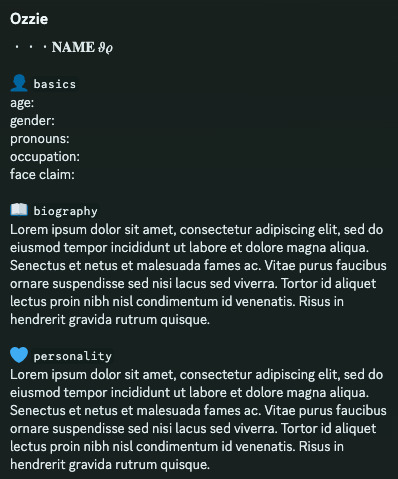 roleplay template for discord (works for tupper ) lamentable s on