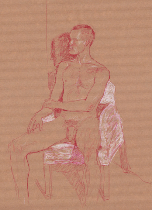 red and white pencil drawing from an online life drawing session run by candid arts trust ( https://