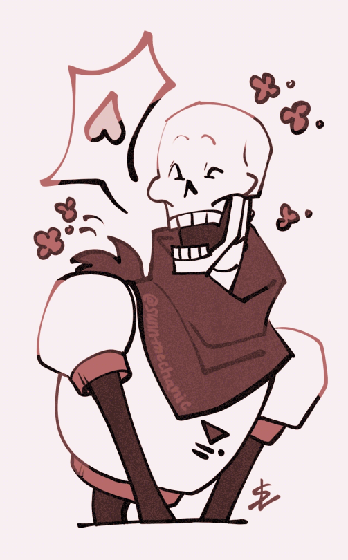 A digital drawing of Papyrus from Undertale from the waist up, smiling so wide his eyes are squinted. Little flowers are around his face and there's a loud text bubble with an upside down heart. He's colored in white and monochrome red.