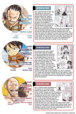 thefairystales:  Personal data: Reedus, Lab, Vijeeter, Macao, Romeo, Wakabafrom Monthly Fairy Tail Magazine volume 13This issue can be purchased at CDJapan or Amazon Japan.What  you see is not an exact replica of the original pages, but a  re-creation