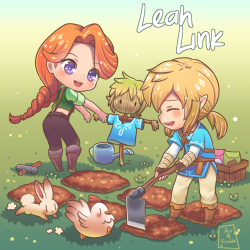 stardew-valley-leah: I commissioned @ArtofFirstia on Twitter for chibi Link &amp; Leah farming together If you like, please check out the artist and (optionally) commission for your very own chibi character :3 