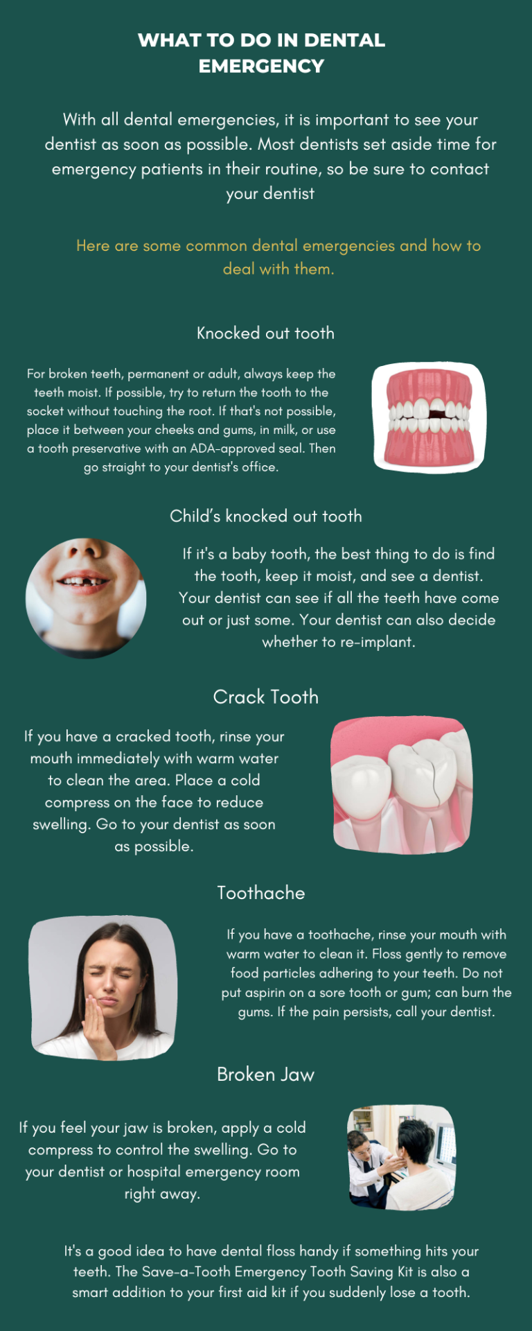 In a dental emergency, it is important to make an appointment with your dentist as soon as possible. Dentists regularly schedule emergency appointments, so call your dentist as soon as possible. Some common dental emergencies and how to treat them.