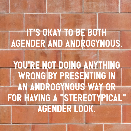 nonbinarypastels:  [Image Description: A picture of a brown brick wall with text that reads “it’s okay to be both agender and androgynous. you’re not doing anything wrong by presenting in an androgynous way or for having a ‘stereotypical’ agender