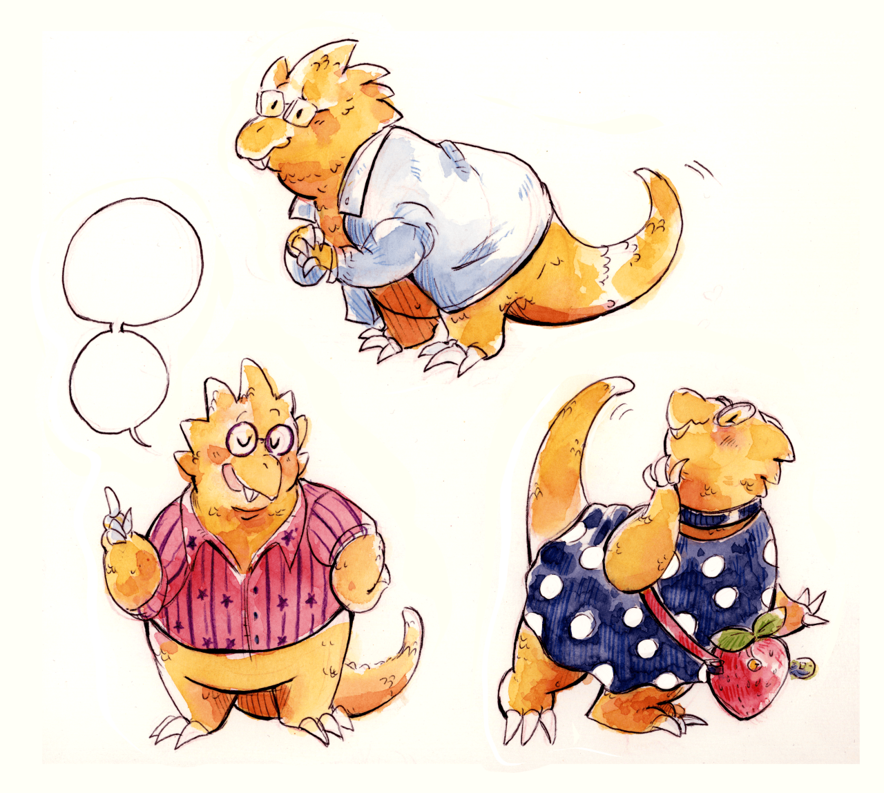 [Image description: watercolor art of Alphys from Undertale in three poses. First shows her in her lab coat, hands folded as she smiles pleasantly.  Second, she wears a pink button-up shirt and speaks, with one finger pointed in the air.   Lastly, she appears in her black dress with white polka dots, carrying a strawberry purse and blushing. End description.]