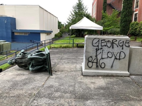 Protesters take down the Thomas Jefferson statue in front of Portland’s Jefferson High School