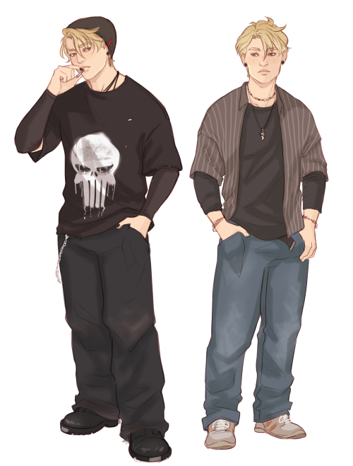 An image of Andrew and Aaron Minyard both wearing fashion from 2006. Andrew is wearing a black beanie, a baggy DC punisher shirt, his armbands, wide, baggy black jeans and heavy boots. Aaron is wearing a grey striped shirt open, with a black long sleeved shirt layered underneath. Faded blue jeans, and trainers. he also has a beaded necklace and a fake shark tooth necklace. Andrew is posed holding a cigarette facing left, and Aaron is posed facing right with both hands in his jeans pockets.