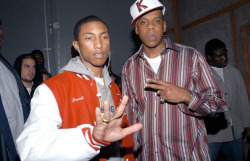 aintnojigga:  Hov and Pharrell on the set