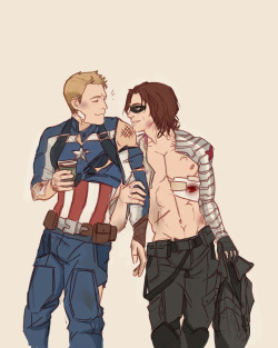 sargeantstuckbutts:Bucky gets flirty after missions especially when Steve’s gotten a little cut up, but he did a really good job punching out nazis today and he just wants to make Cap feel all better. YouNah'w'aMean? ;) 