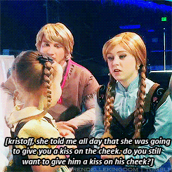 jenniferjuni-per:  arendellekingdom: “Since I’m dressed as Anna it’s totally okay that I kissed Kristoff, right?” (x)   I think what killed me most was his reaction right after she kissed him, his hand went to his heart and now I am dead.