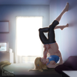 lewdua:  “[….] Straighten your body as you raise your legs, using your shoulders as support.”“Once your feel stable, hold the pose for 30 to 40 seconds”“Your energy should be flowing up through your toes to the ceiling   [….]”—-❤ You