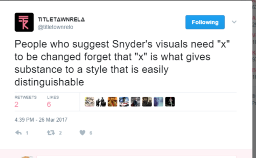 sunnysundown:i dont think snyders visuals should change and  i think it fits the DC universe. what he needs to work on is his story telling cuz damn aside from 300 his movies are a mess Well, 300 did not really have a story so that explains it