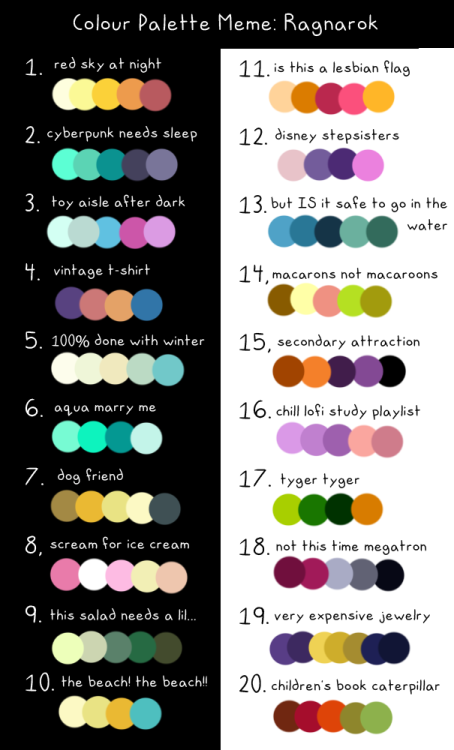 [Image: a selection of colour palettes with the title: “Colour Palette Meme: Ragnarok”, and names fo