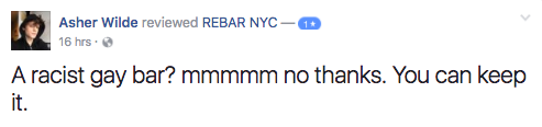 tehjakers:  the-movemnt:  the-movemnt: Black men say New York’s hottest new gay bar is turning them away ReBar, a new gay bar in New York City that opened over the weekend, is at the center of racial discrimination allegations. A number of patrons of