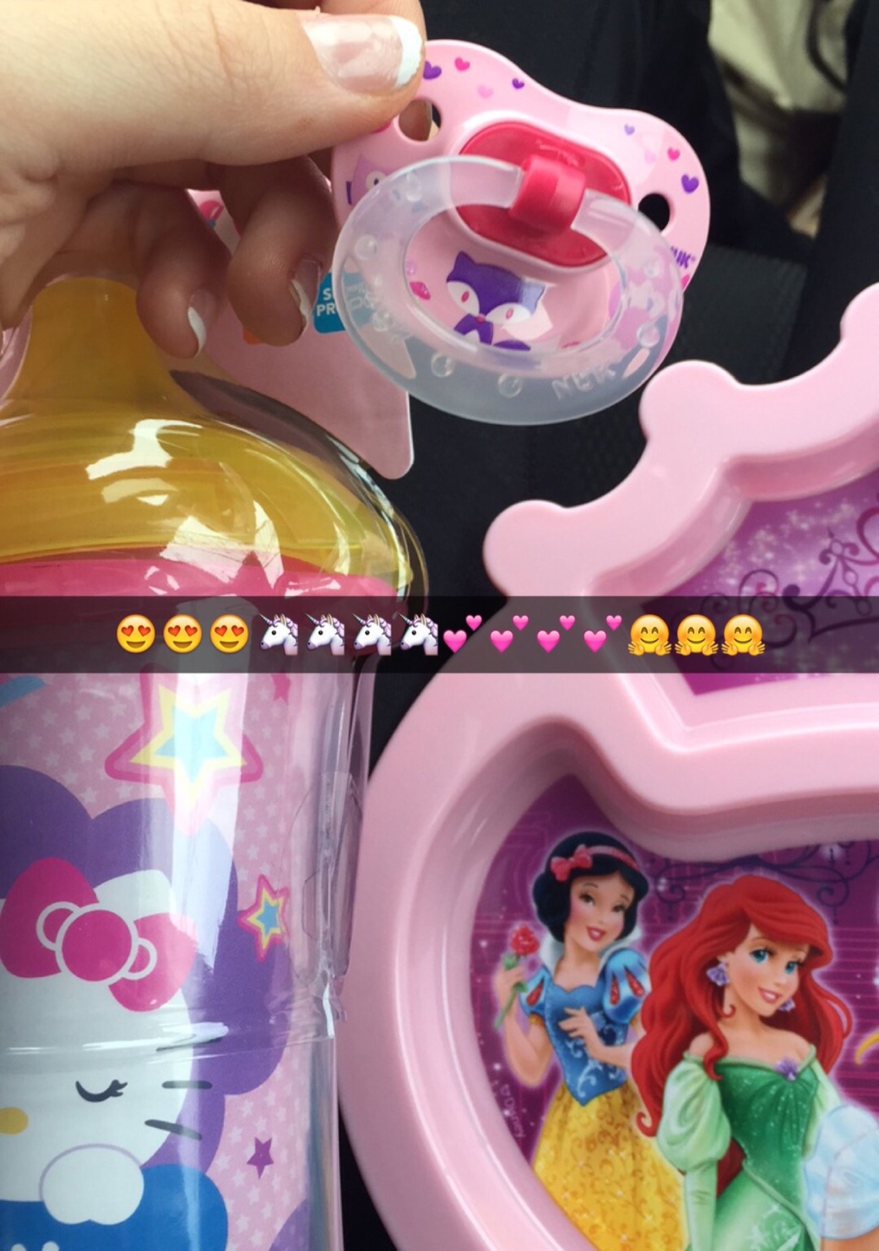 daddyslitttlekitty:  like my new fox paci, hello kitty sippy cup, and princess plate?