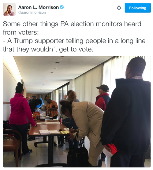 micdotcom:
“ In Pennsylvania, election observers are guarding against voter suppression tactics ALLENTOWN, Pa. — Minority voters here may notice the presence of election observers milling about polling places during Tuesday’s election. Pennsylvania...