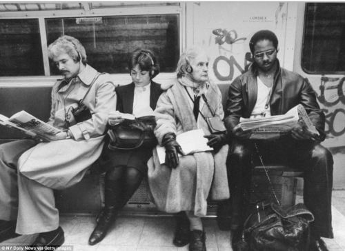 nycnostalgia:Four people all listening to their Walkmans, 1981. That old lady looks pretty bad-ass. 
