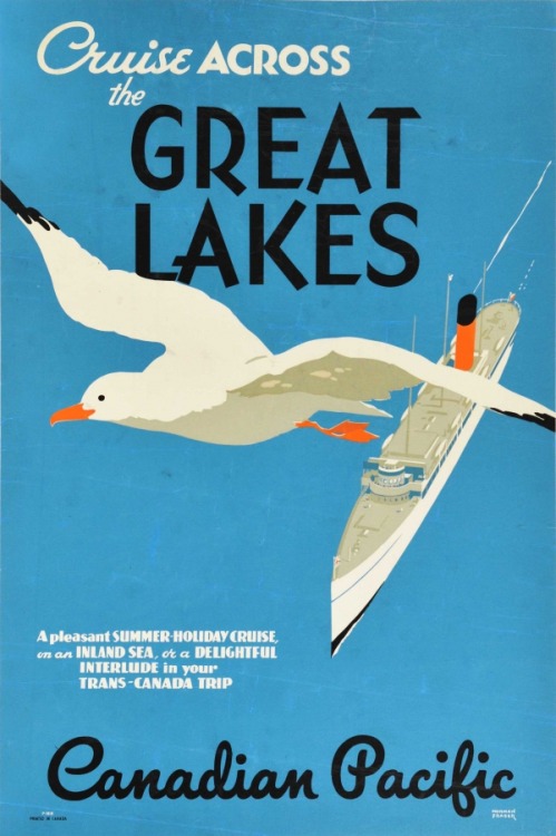 ‘Cruise across the Great Lakes’Canadian Pacific travel poster featuring  featuring a seagull flying 