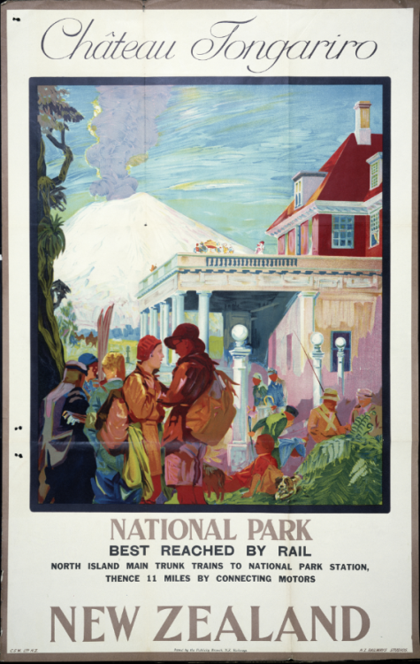 This poster, possibly designed by Edgar Lovell-Smith, shows the front of the Chateau Tongariro in wi