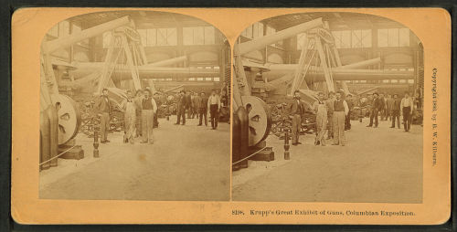 A stereoscopic image of Krupp AG’s exhibit of guns at the Chicago Columbian exhibition, 1893. In the