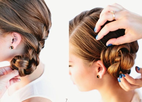 fuckyeahweddingideas:  Waterfall Braid Bun Tutorial via OnceWed 1. Part hair. 2. Grab a small section of hair. 3. & 4. Split into 3 parts. 5. Start French braiding, making sure to braid diagonally across the head. 6. Secure braid with a hair tie.
