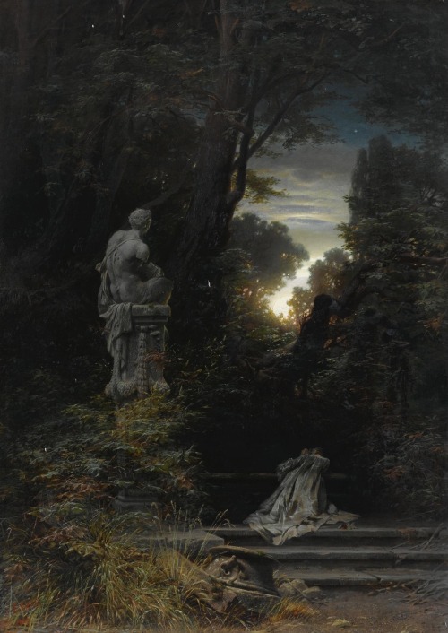 laclefdescoeurs: A Woman at a Fountain with Rising Moon, 1866, Ferdinand Knab