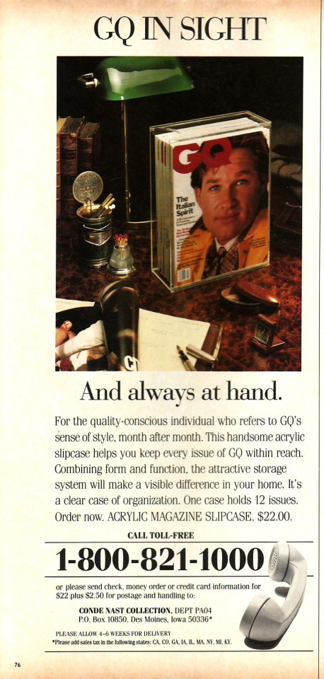 GQ subscription ad, August 1991 #1991#GQ#vintage GQ#90s fashion#retro ads #retro print ads #vintage ads #vintage magazine ads #retro phone