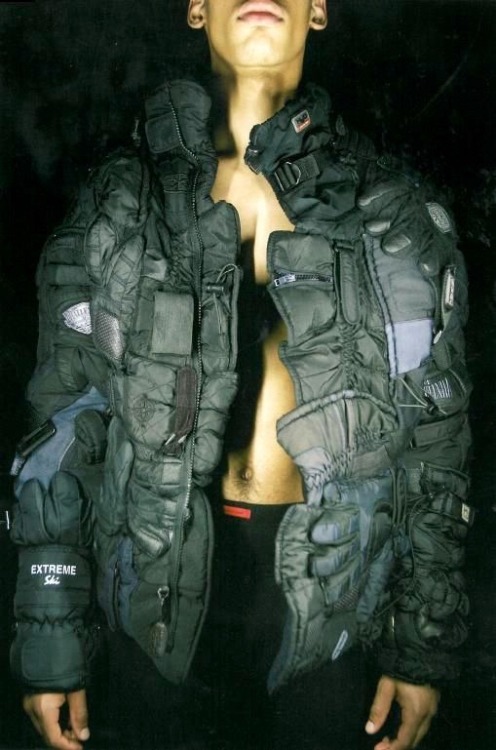 asuddensway:Maison Martin Margiela Line 0 10 artisanal jacket made from ski gloves F/W 2006  Wut. Fye