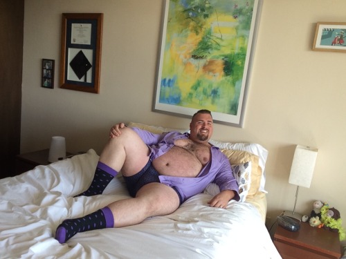 theunderwearbear:  I got these purple trunks from Marks & Spencer in Dublin…who wants to help me take this shirt and socks the rest of the way off?  ;-) (All my selfies are under the #gpoy tag here if you want to see more!) 