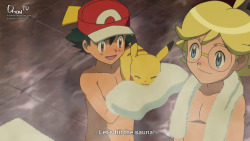 th3dm0n: Ash Ketchum and Clemont - Sauna  The boys getting ready to hit the sauna.Original Artwork (Screenshot) is from the Pokemon X&amp;Y Anime Series, Episode “Kowai Ie no Omotenashi!”, edited by dm0n.© Names &amp; Characters are Copyrighted by