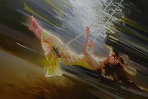 art-now-russia: Summer (Original sold), Alexey Chernigin Summer, swing, girl, dress, foliage, flight