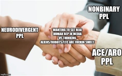 [ID: A three-way-handshake between “ace/aro ppl,” “nonbinary ppl,” and &ldqu