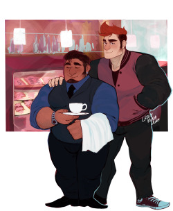 chillykuma-kuma:  madcap-ian and my OC’s, They’re a contrasting couple that we made up together. Duncan ( short burly one, early 30′s ) is calm, composed, smooth, intelligent and warm. Kevin ( tall stud, 20′s ) is a hot heated, thrill seeking,