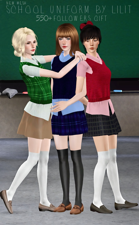 School uniform by Lilit (top and skirt)
- everyday
- A/YA female
- skirt: 2 channel recolor
- top: 3 channel recolor
DOWNLOAD