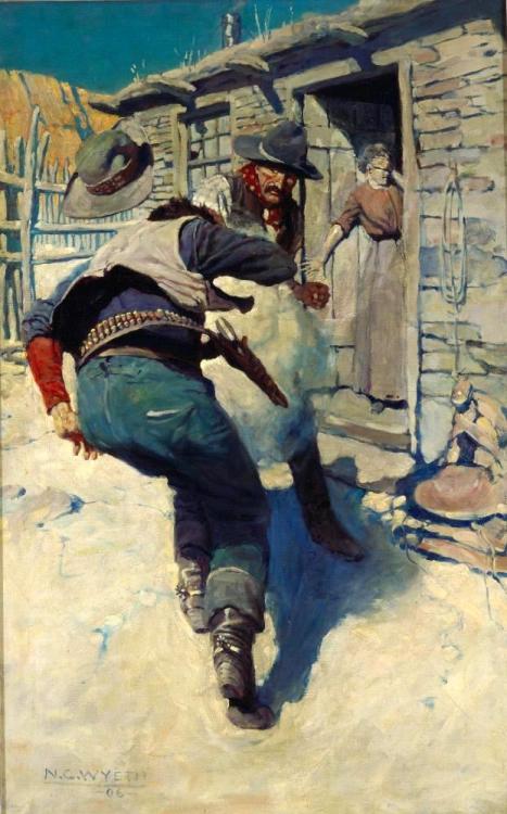 N.C. WYETH “At the Same Time Hahn Pulled His Gun and Shot Him through the Middle”Oil on 