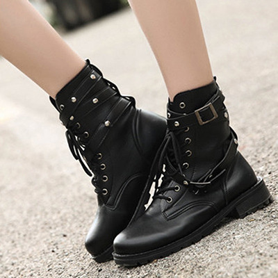 kaonoshi: Black Soft Round Toe Lace Up Trending Rivet Buckle Boots Discount Code : Jan15off (15% off