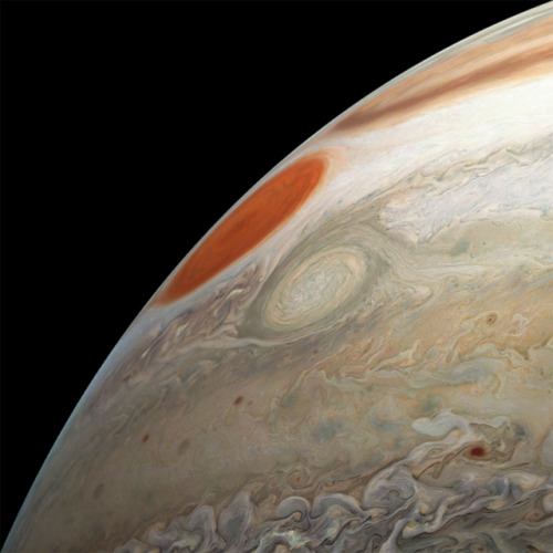 Two massive storms in Jupiter’s turbulent southern hemisphere appear in this new image captured duri