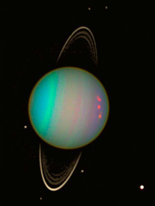Uranus and its six largest moons, Puck, Miranda, Ariel, Umbriel, Titania and Oberon.