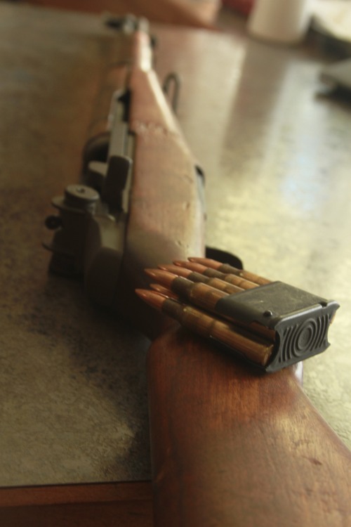 killthechallenge:  Giving some love and TLC to an old little collection: A modern M1A and one of the more original models that made it through much of the Vietnam War, as well as their predecessor, the M1 Garand. 