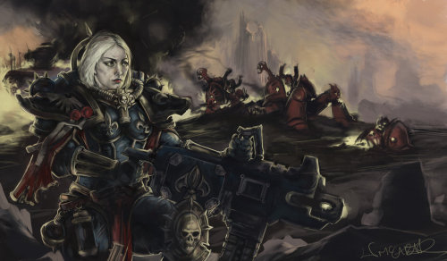 40000-artwork:Sister of battle and defeated Chaos marines.Sister Doin It For Herself by wl