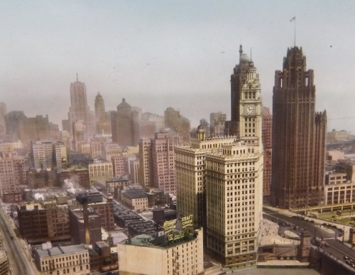 Tinted view looking north east at Michigan Ave and the river, 1935, Chicago