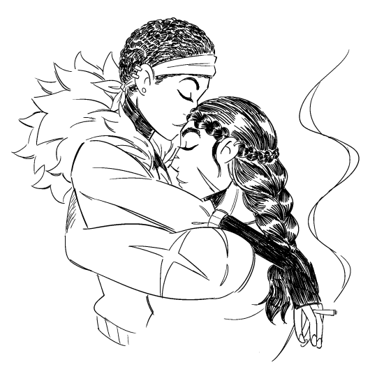 A black and white digital drawing of two women embracing, the taller one kissing the shorter one on the forehead. The taller is Crin. She has short dark curly hair with a bandana tied across her brow. She is wearing a coat with a large fur rimmed hood that replicates the image of a mane. She is wearing long black fingerless gloves and a black turtleneck with a boob window. She has a few ear piercings. Her arms are draped across her girlfriend Wolf’s shoulders, and in between the middle and ring fingers of her right hand she is holding a list cigarette that has thin line of smoke trailing from it. Wolf has long straight dark hair tied back into braids that go across her brow and tie behind the back to her head, and one large braid that goes down her back. She is wearing a white tank top. She is much buffer than Crin and had her arms wrapped around Crin’s upper back. Wolf has many scars on both her face and arms.