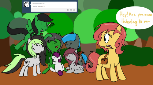 ask-humming-way:  P-Panny! Wait up, i-it’s not what it looks like!!! Punky you can stop hugging me now! (Featured: ask-jade-shine, askbreejetpaw, ask-punky, askgothika, asktheabby) (I just realised how much grey and green ponies there are in this update.