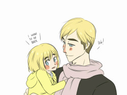 momo-niu:  Erwin and baby Armin„, just like father and son…. ugh-! (do you have any idea of how much this hurts to me… THIS TWO ARE MY FAV. FROM SNK!! MY FEELS ARE DEAD!) 