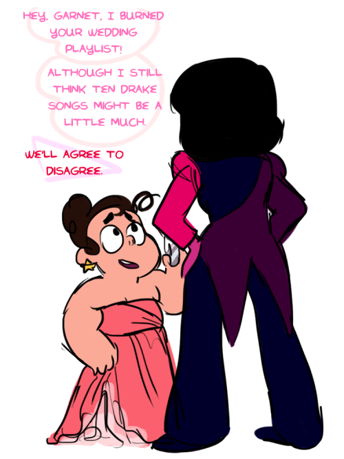 droosy:  after drawing ruby and sapphire in wedding regalia, i realized garnet would need some bridesmaids in ugly chiffon dressessteven is her gem of honor! 