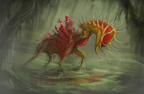 deadlydaemondraws:  Had to cut myself off from fiddling with this cus Im tryna actually catch up with Monstober here XP, this is day 15-16 - Bog. I call it a Swamp Strider, and it combines my love of weird ungulates and carnivorous plants!