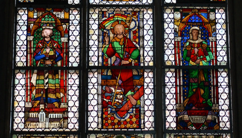 Detail of Laxenburg window in the parish church Steyr with representations of Duke Leopold, the rise