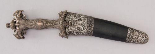 art-of-swords:  Siha Kaetta Dagger with Sheath Dated: circa 1700 Culture: Sri Lankan Medium: silver, shark skin Measurements: H. with sheath 12 5/8 in. (32.1 cm); H. without sheath 12 1/4 in. (31.1 cm); H. of blade 7 in. (17.8 cm); W. 2 5/8 in.