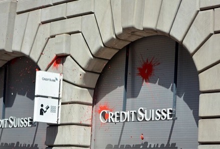 Graffiti and vandalism against corporate targets during the 2019 May day demo in Zurich, Switzerland