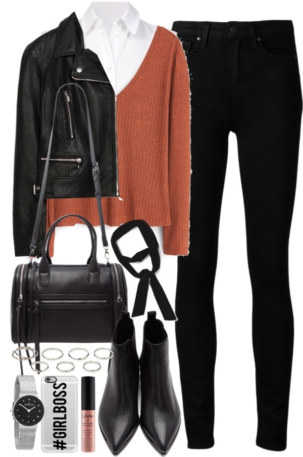 Outfit with a shirt and jumper for winter by ferned featuring black booties
T By Alexander Wang sleeveless shirt, 105 AUD / MANGO long sleeve t shirt, 32 AUD / Zara motorcycle jacket, 140 AUD / Paige Denim jeans, 490 AUD / Acne Studios black booties,...
