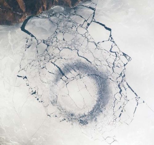 A circle of thinned ice on the southern end of Lake Baikal (Russia,April 2009), from the Internation
